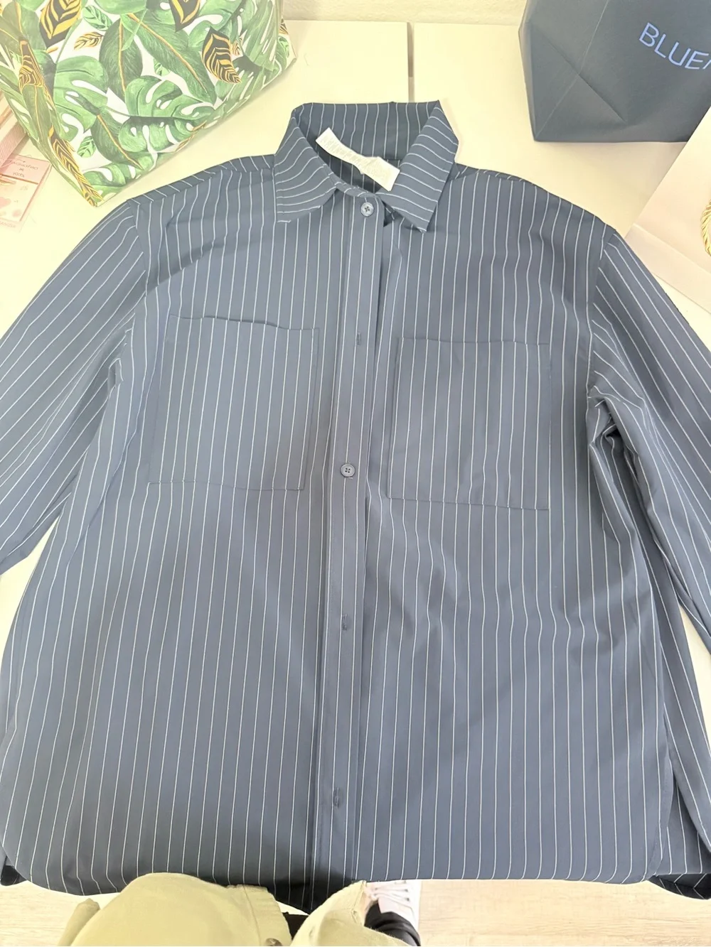 ALO Yoga blue and white Pinstripe Button-Up Shirt